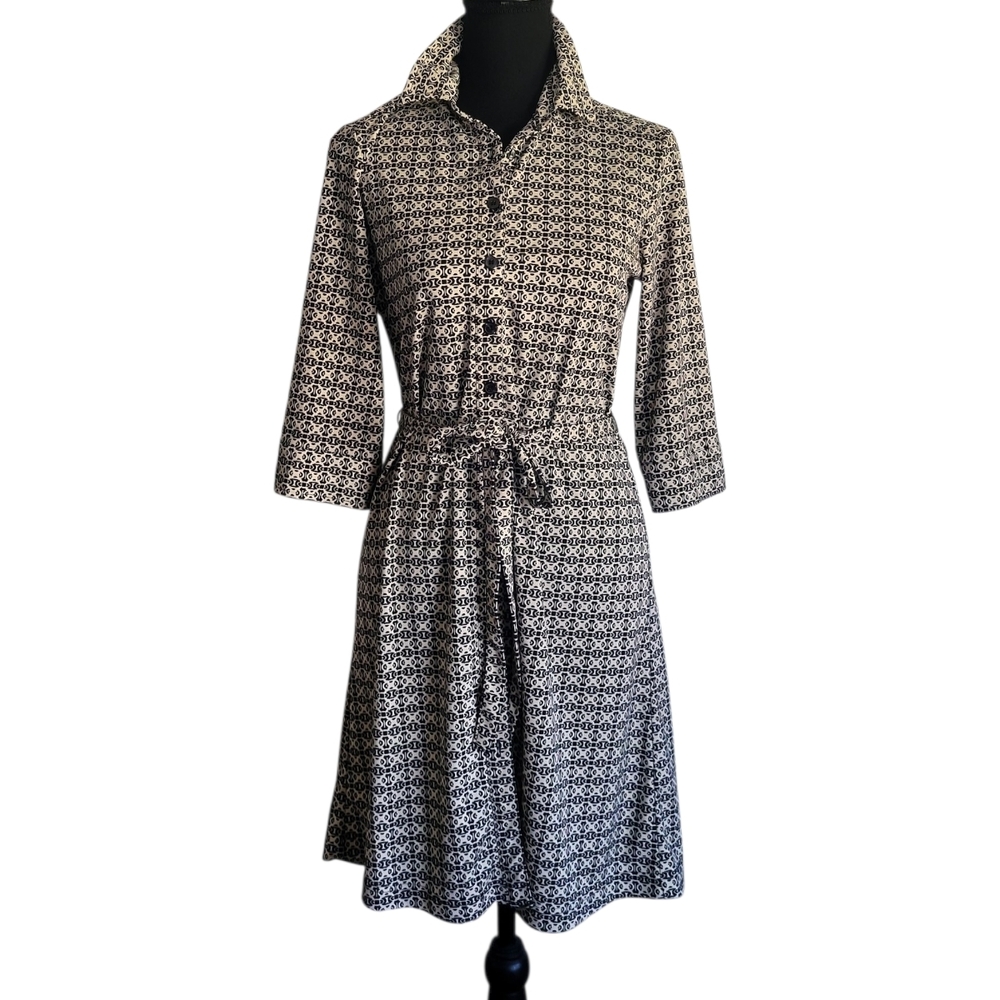 Express Black & Beige Printed Shirt Dress with Tie Waist Sz 7/8